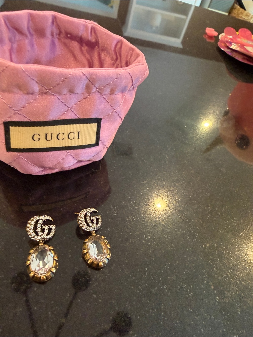Gucci Gold-Tone Crystal GG Drop Earrings with Clear Stones and Pink Pouch